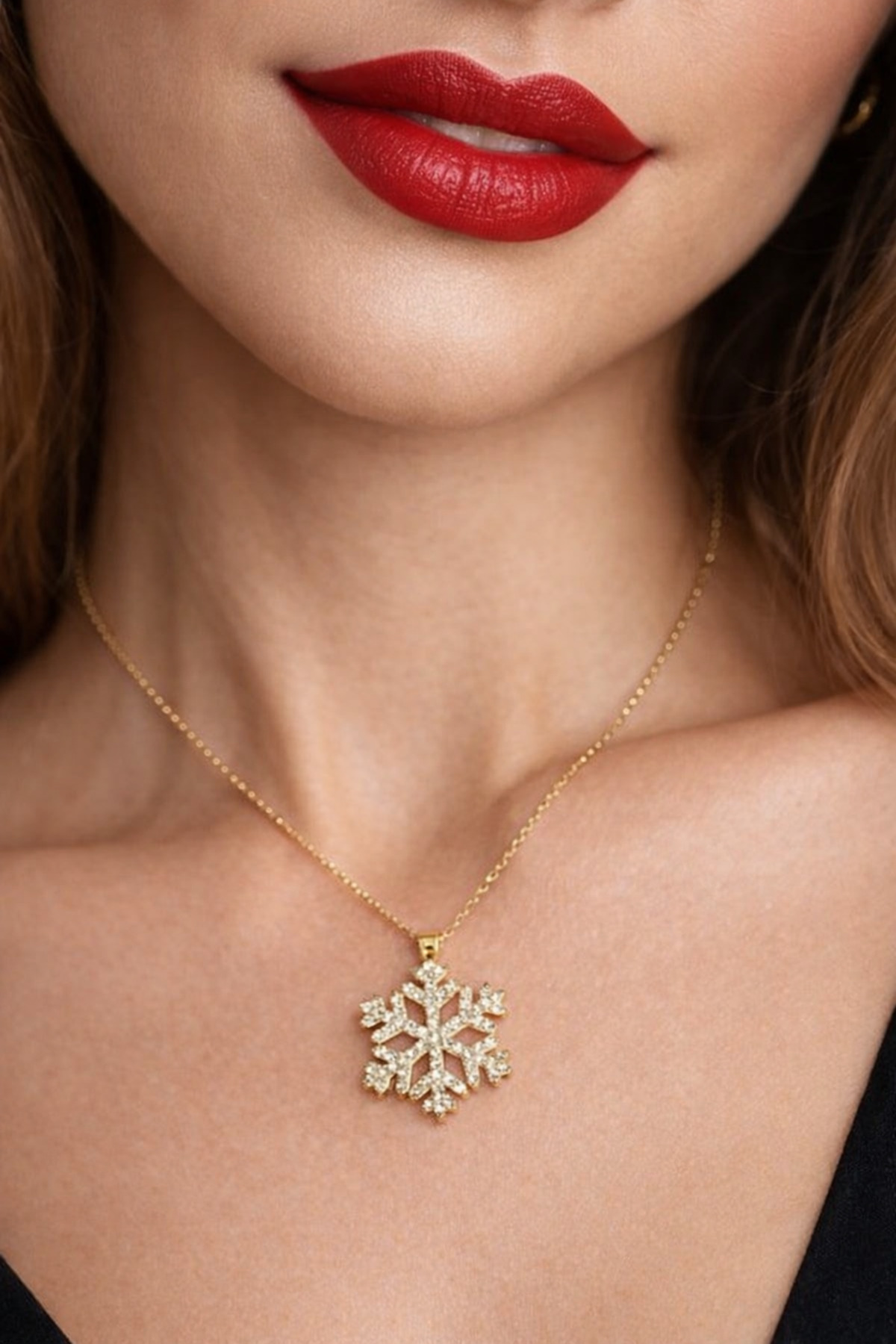 Paslanmaz Çelik Kar Tanesi Kolye | Altın Renk | Zirkon Taşlı, Kararmaz, Paslanmaz, Suya Dayanıklı