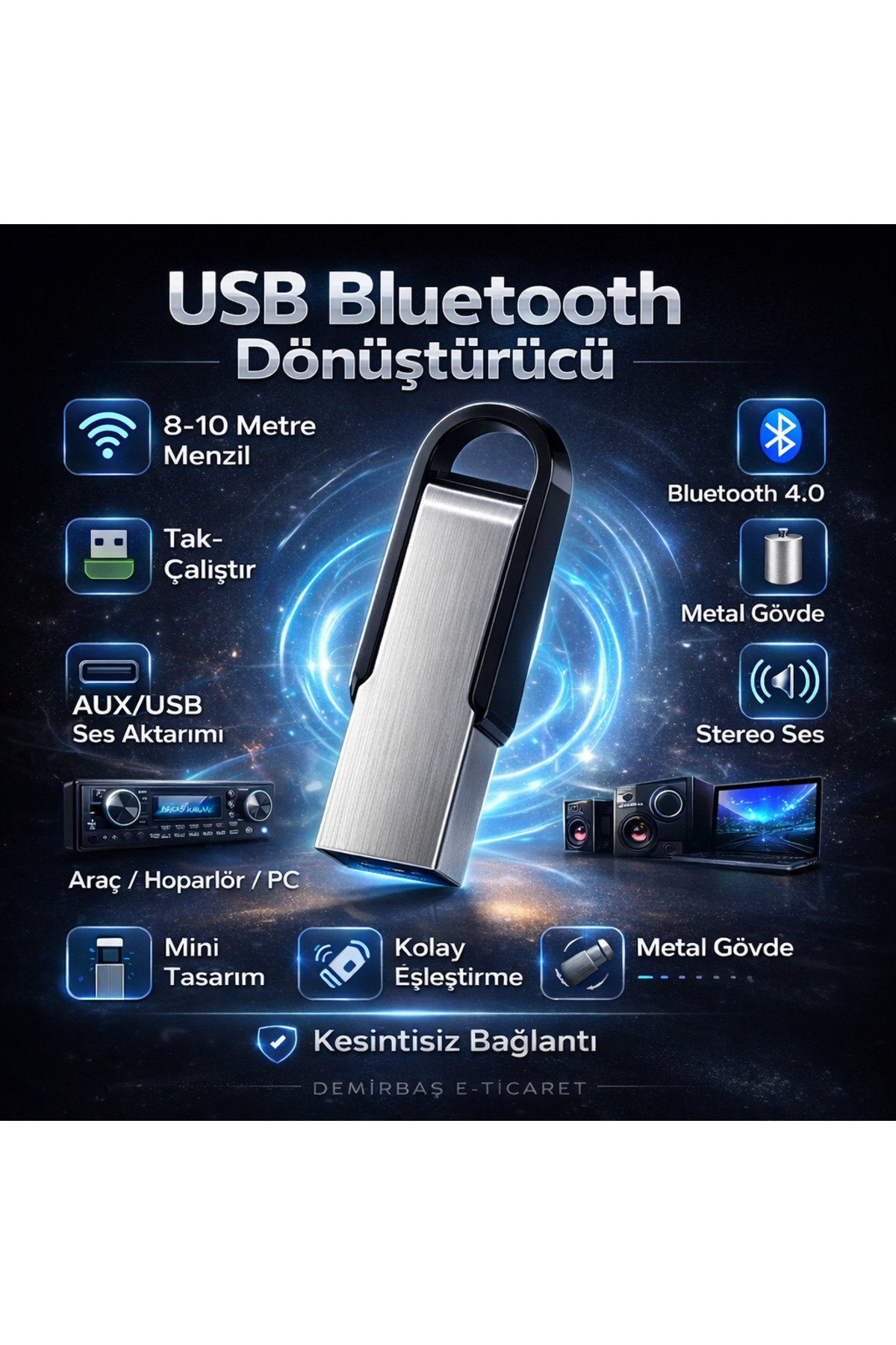 Araç Teyp Bluetooth Çevirici USB Bluetooth Dönüştürücü BT 4.0 – Tüm Cihazlara Uyumlu - Tak Çalıştır