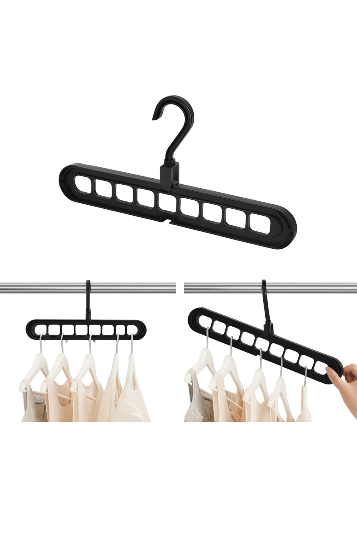 SİYAH 9 Gözlü Dönüşümlü Akıllı Askı | Katlanabilir, Çok Fonksiyonlu Dolap İçi Düzenleyici