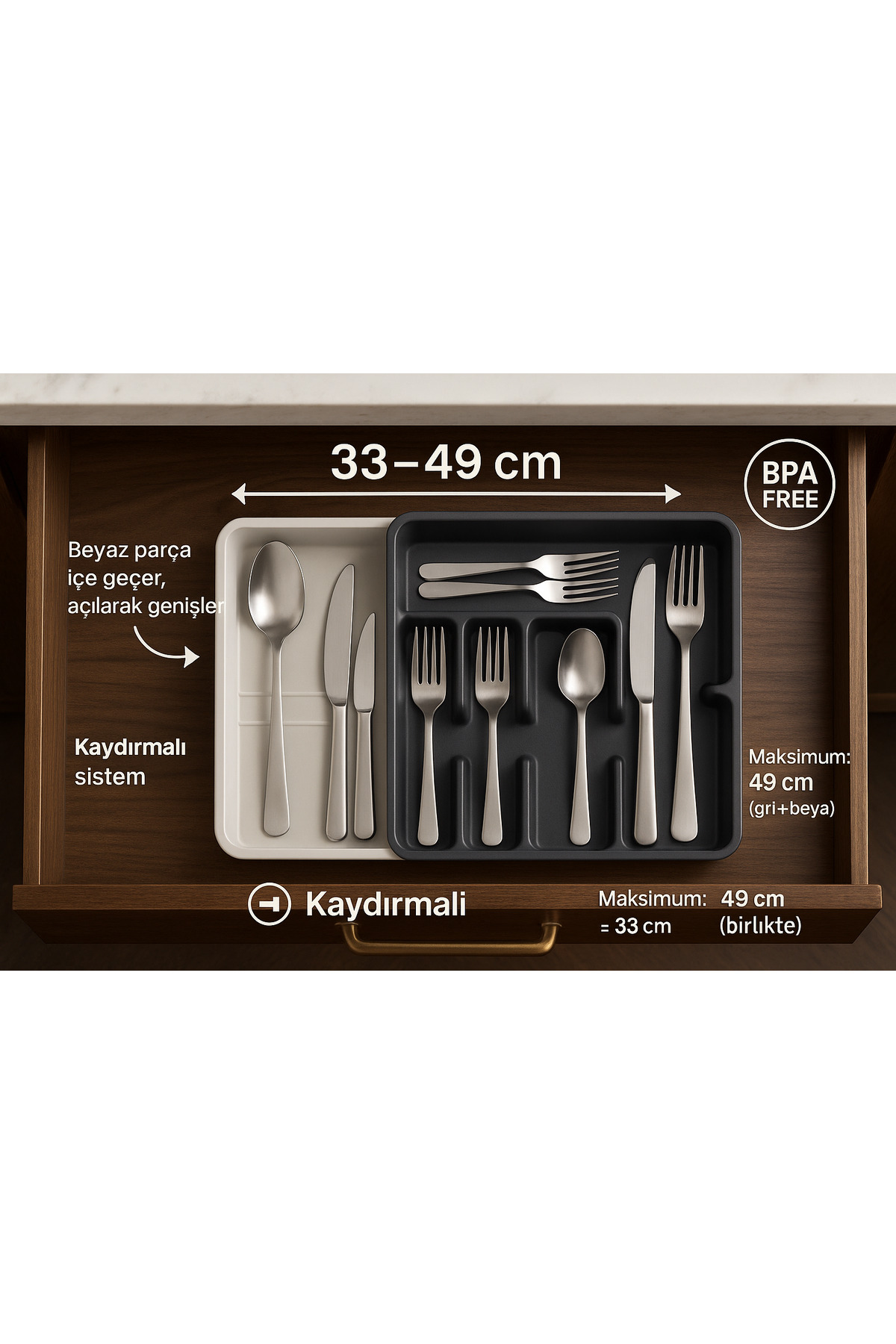 Ayarlanabilir Çekmece İçi Kaşıklık – Mutfak Çatal Bıçak Düzenleyici, Kaydırmalı Sistem, BPA Free