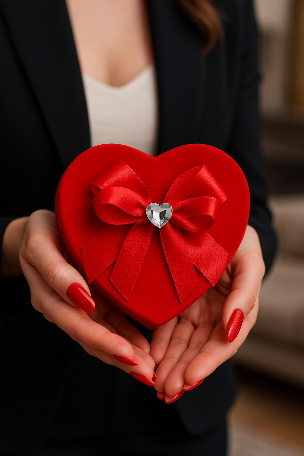 Kalpli Kırmızı Kadife Hediye Kutusu – Aşk Temalı Şık Takı ve Hediye Kutusu – Romantik Sevgili