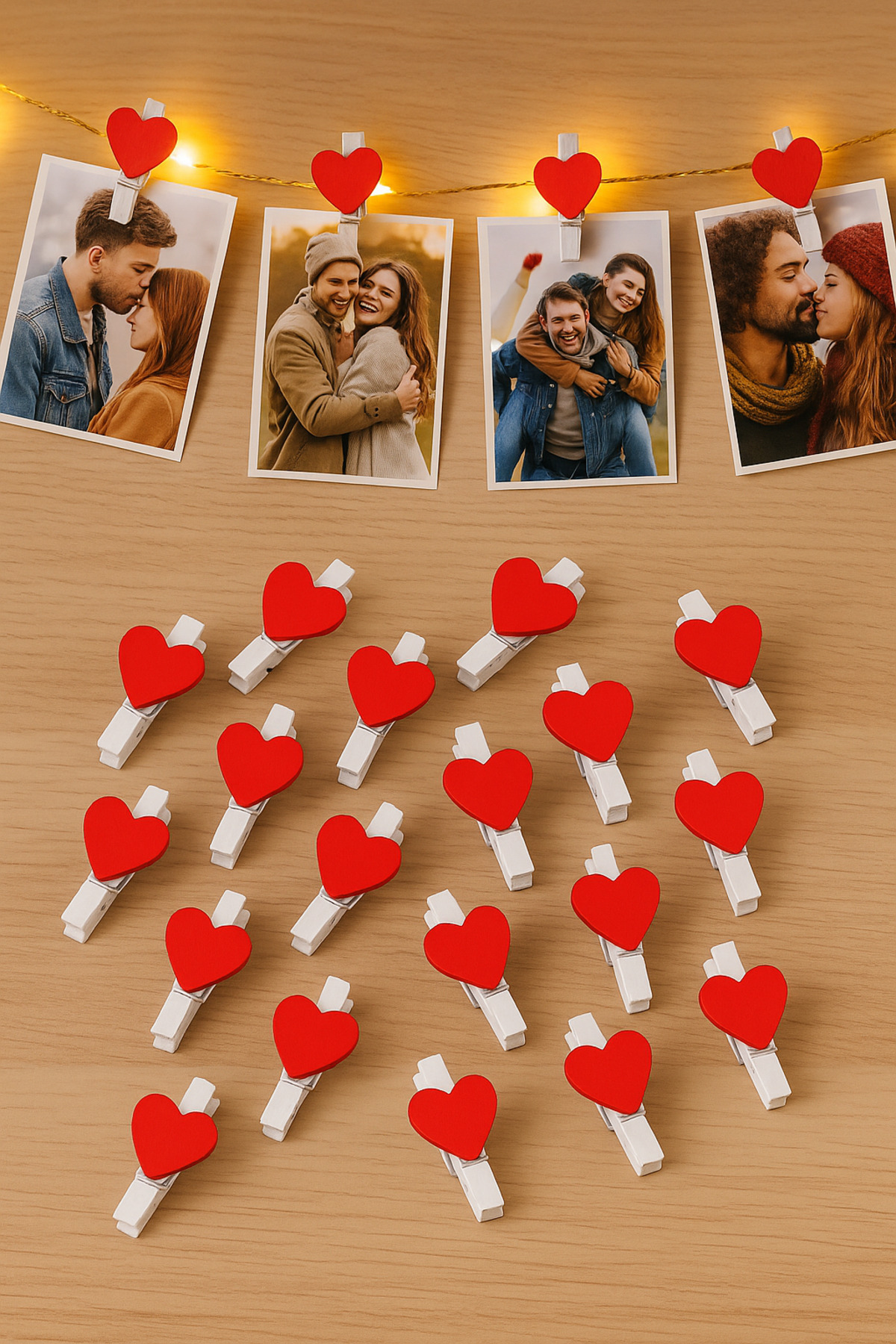25 Adet Kırmızı Kalpli Mini Ahşap Mandal – Dekoratif Fotoğraf Askısı, LED Işık Süsü Mandalı Süsü