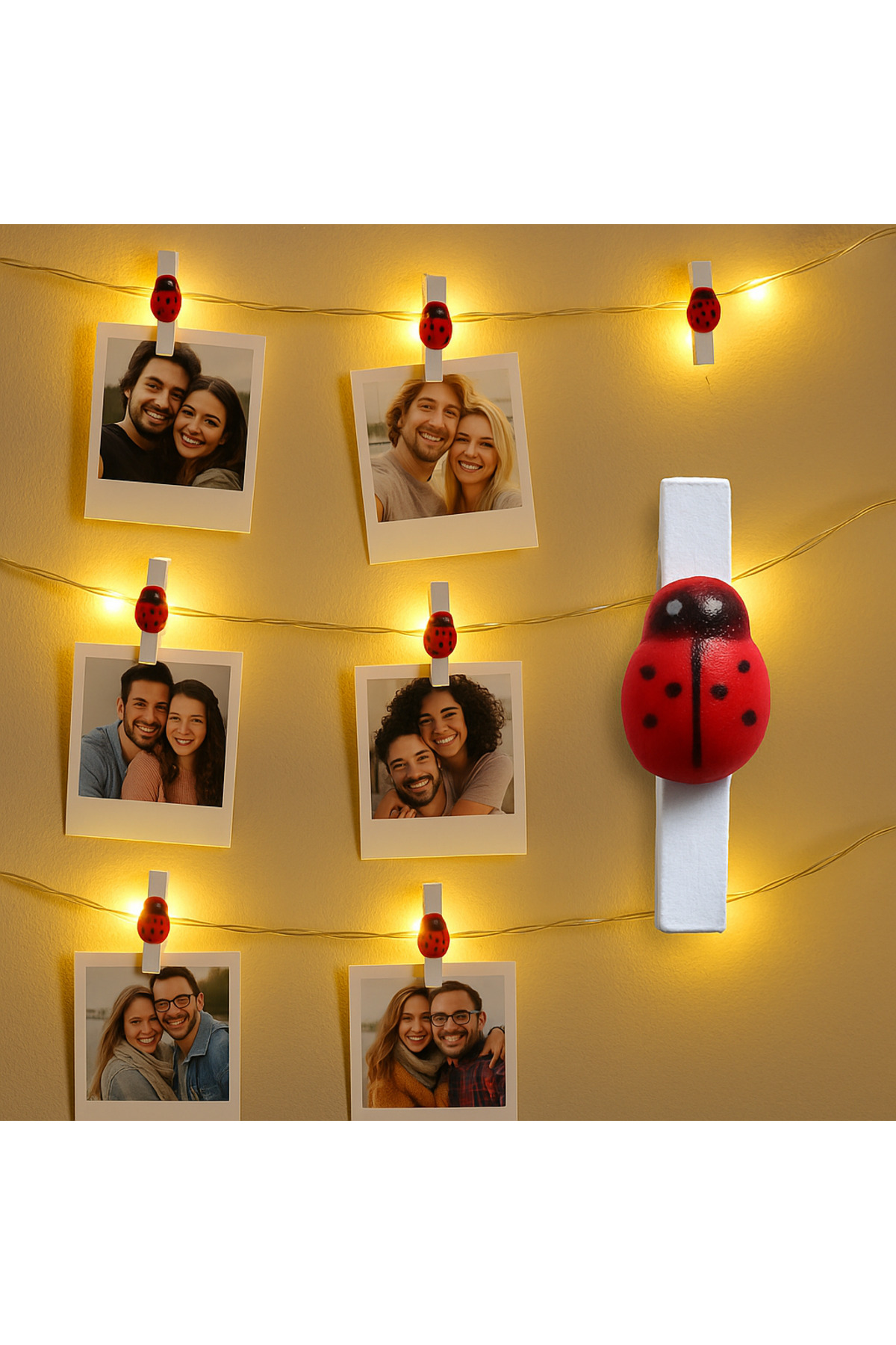 Uğur Böcekli Mini Mandal 25 Adet – Dekoratif Fotoğraf Askısı Mandal Seti | LED Işık Perde Süsleme