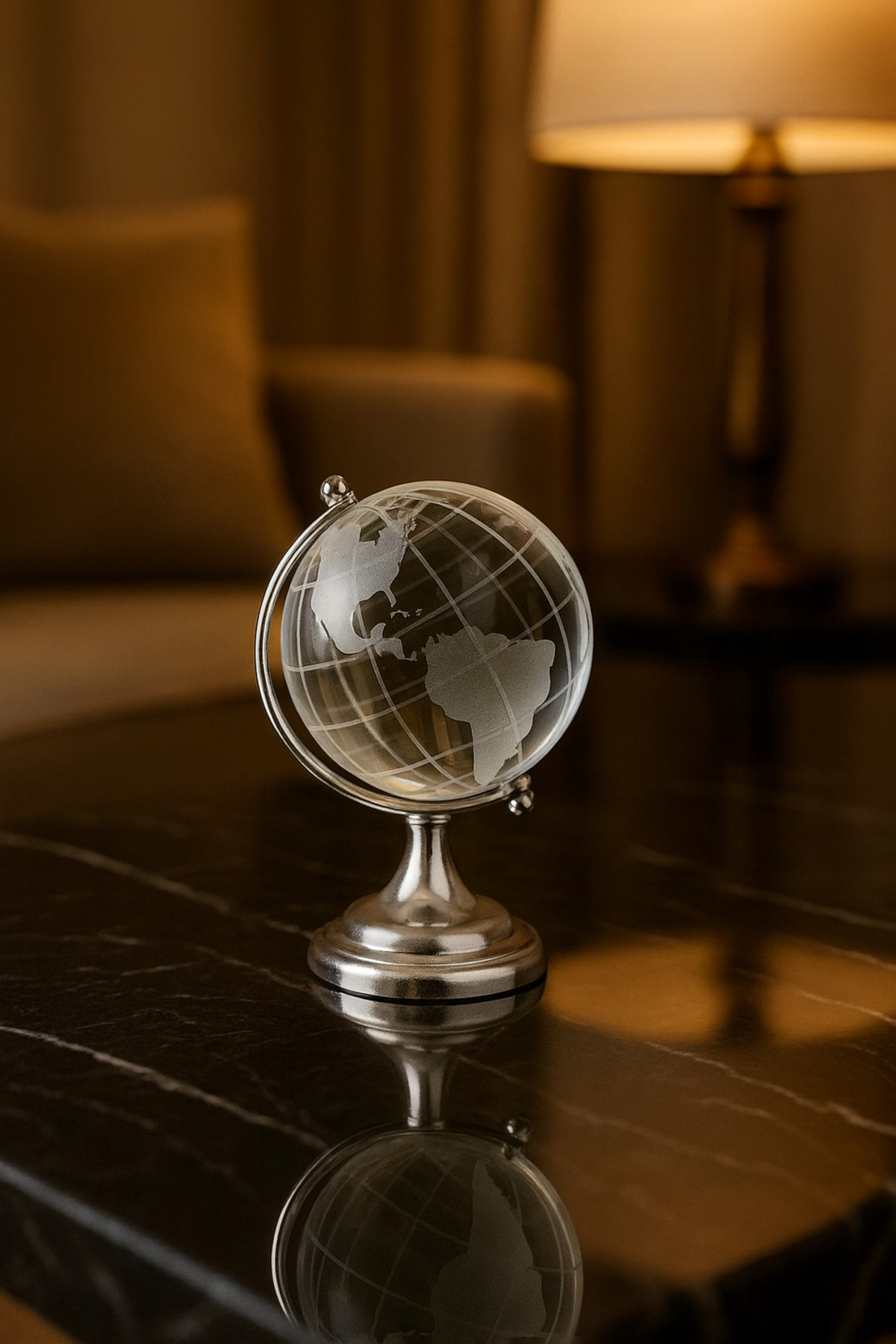 Kristal Küre Dünya Biblosu – Gümüş Renkli Lüks Masa Üstü Dekoratif Obje