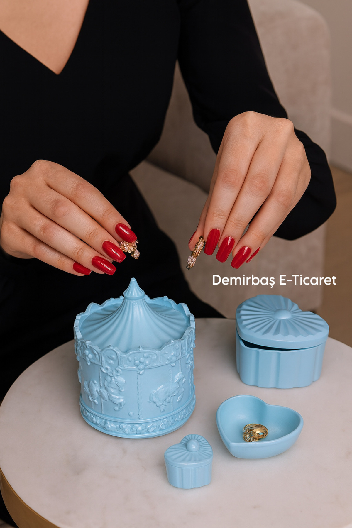 PASTEL MAVİ - Atlı Karınca Tasarımlı Takı Kutusu ve 3’lü Kalp Şeklinde Takı Kutusu Seti