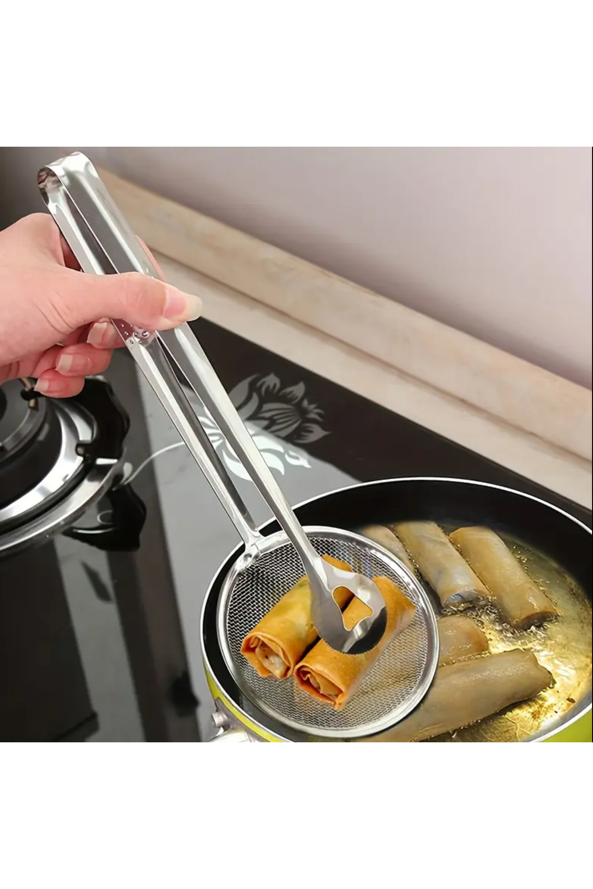 Paslanmaz Çelik Yağ Süzgeç Maşası 28.5 cm – İnce Gözenekli, Ergonomik Saplı, Kızartma Servis Maşası