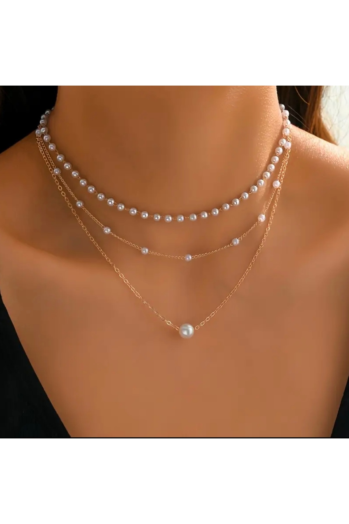 3 Katmanlı İnci ve Zincir Tasarımlı Altın Renk Kadın Kolye – Şık ve Zarif