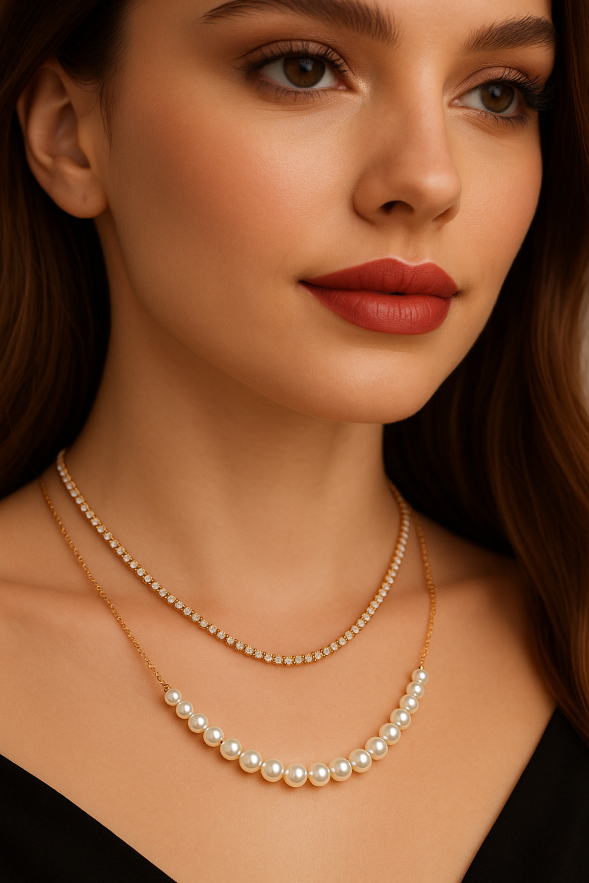 İnci Detaylı Su Yolu Taşlı Çelik Altın Renk Kadın Kolye – Şık ve Zarif Tasarım