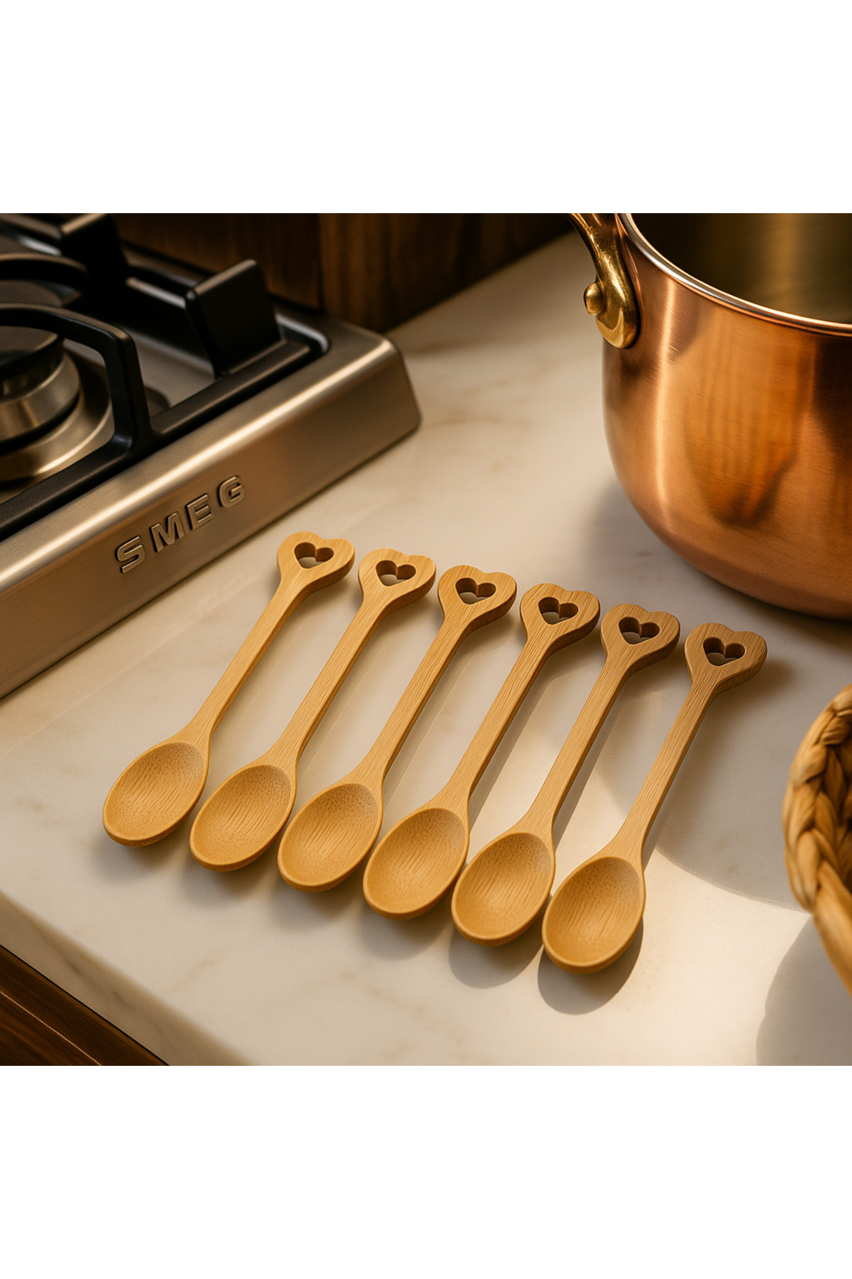 Kalpli Saplı Ahşap Baharat Kaşığı 6’lı Set – Doğal Ahşap, Zarif Sunum Kaşıkları