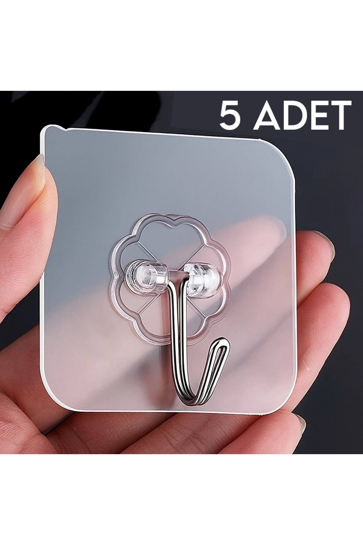 5 Adet Şeffaf Yapışkanlı Duvar Kancası – Çivisiz Montaj, Suya Dayanıklı, Güçlü