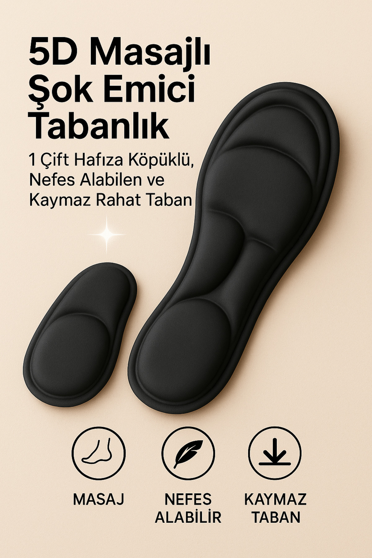 5D Masajlı Şok Emici Tabanlık – 1 Çift Hafıza Köpüklü, Nefes Alabilen ve Kaymaz Rahat Tabanlık