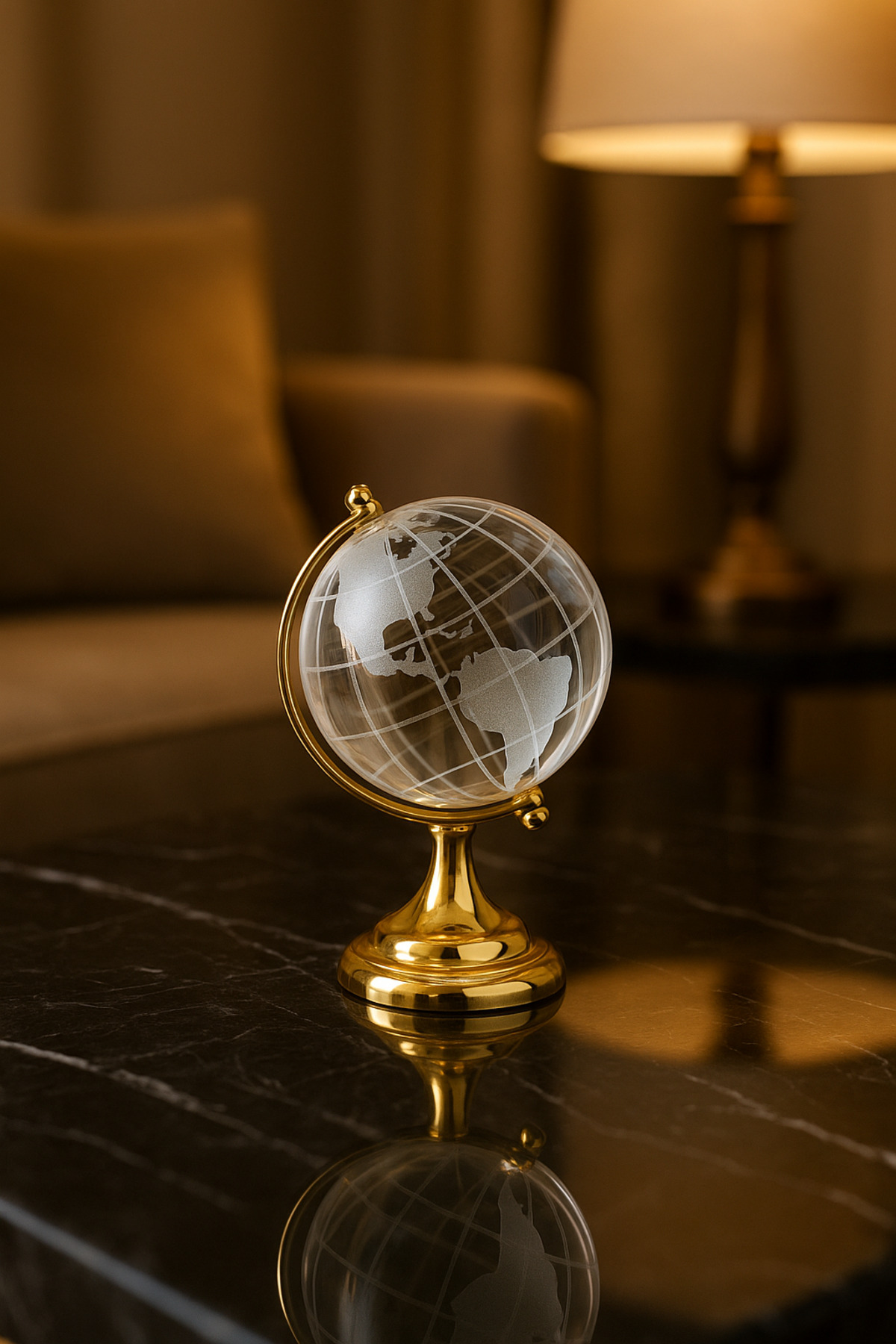 Kristal Küre Dünya Biblosu – Altın Renkli Lüks Masa Üstü Dekoratif Obje
