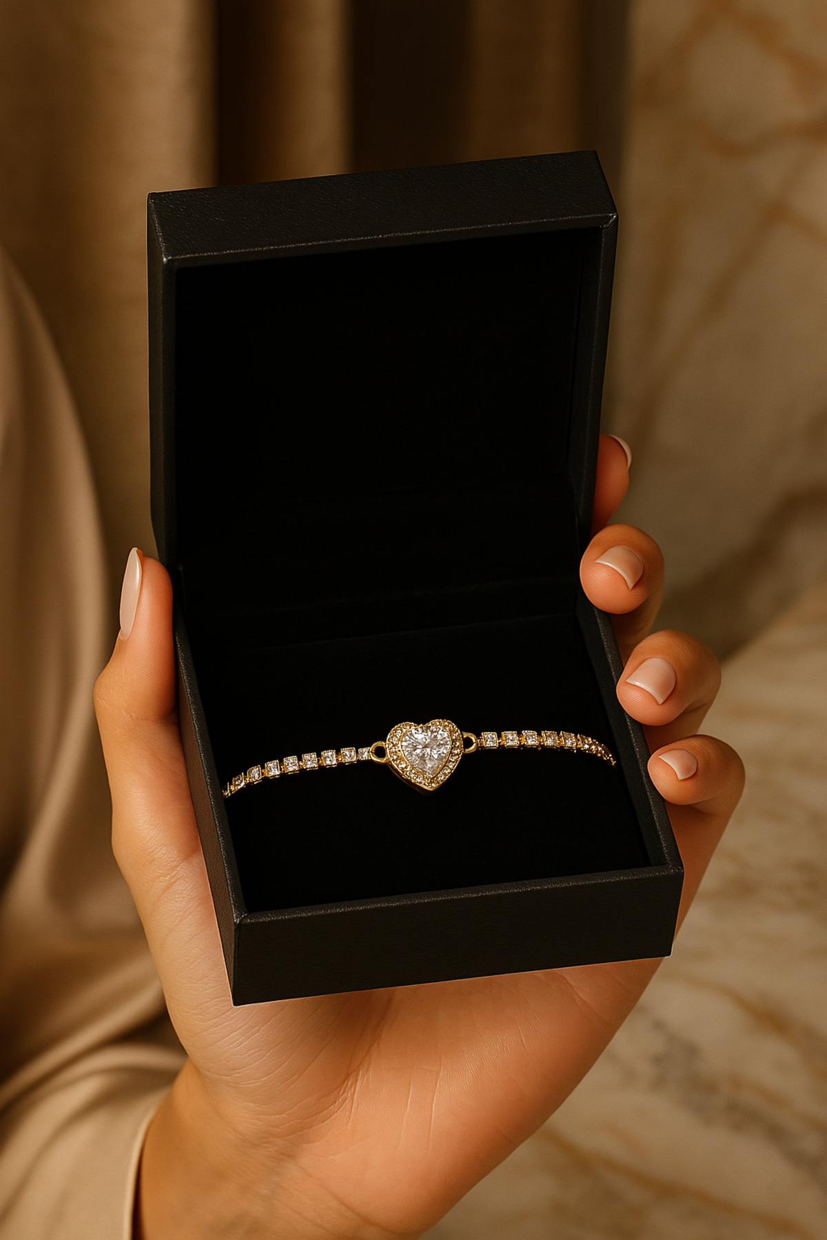 Altın Renk Kalpli Taşlı Kadın Bileklik Ayarlanabilir Paslanmaz Çelik Şık Tasarım