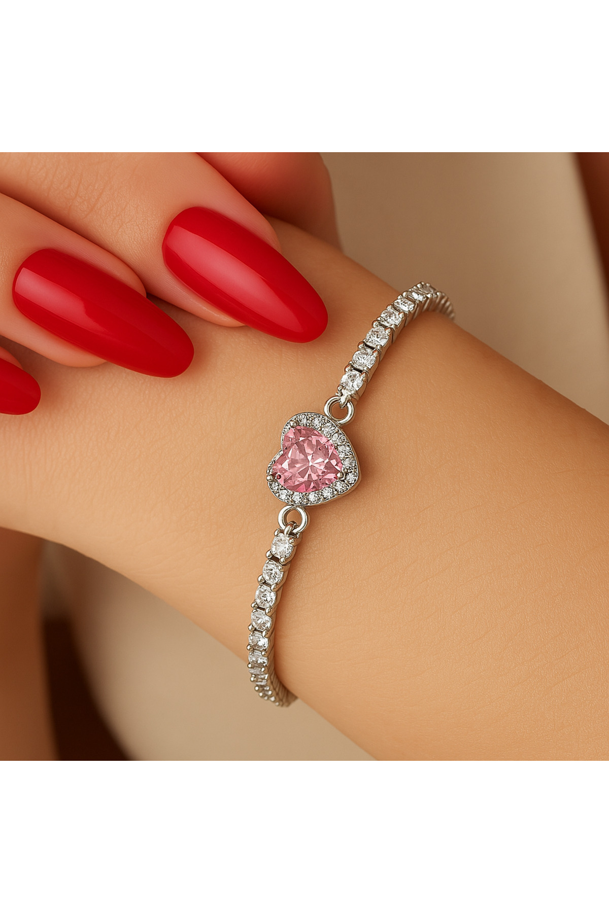 Kalpli Pembe Taşlı Paslanmaz Çelik Kadın Bileklik Zarif ve Romantik Tasarım