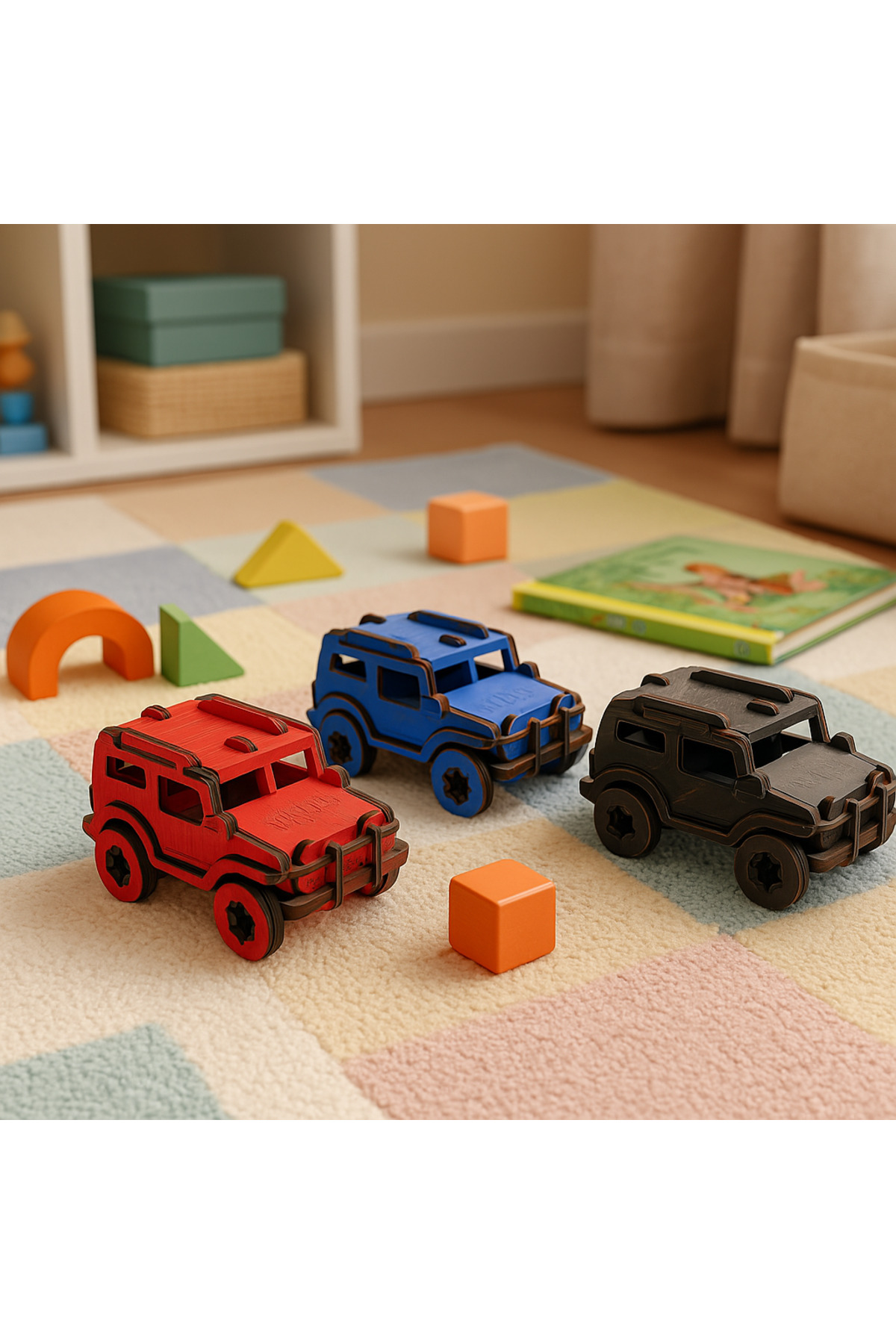 El Yapımı Doğal Ahşap 3’lü Oyuncak Araba Seti (Kırmızı/Mavi/Siyah)
