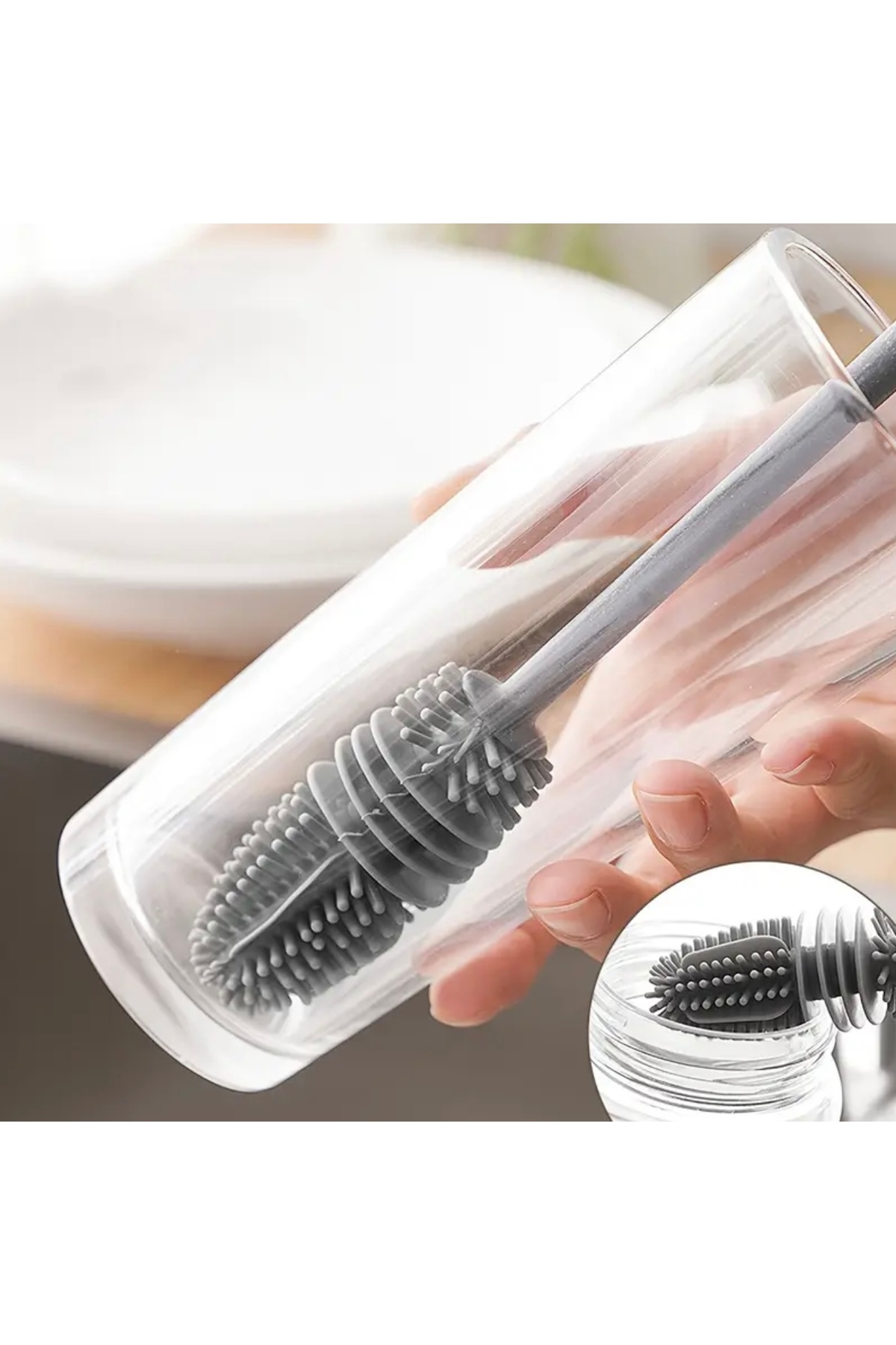 Silikon Uzun Saplı Bardak ve Şişe Temizleme Fırçası | Esnek Kıllı, Ergonomik Saplı, 28 cm