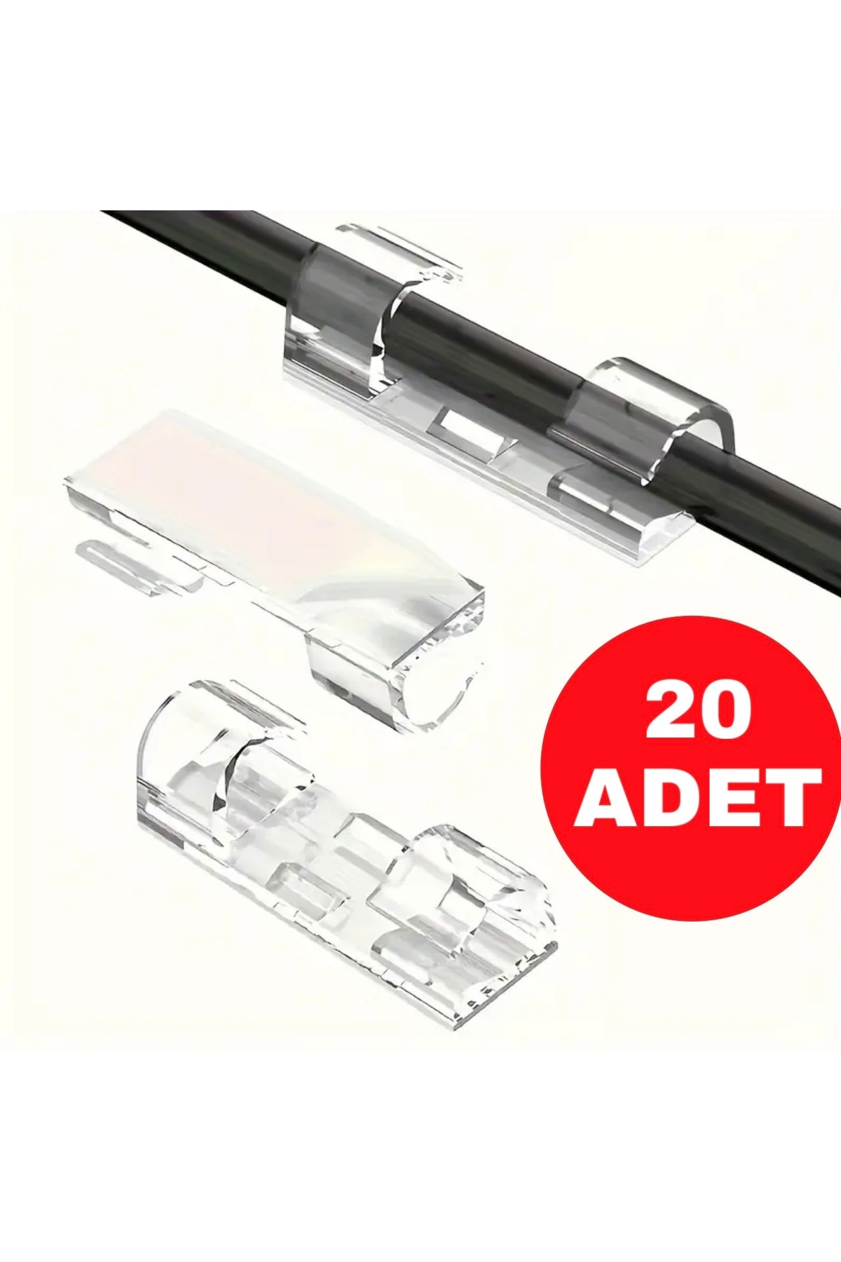20 Adet Şeffaf Yapışkanlı Kablo Klipsleri - Kablo Düzenleyici - Ofis, Ev, TV, Bilgisayar İçin
