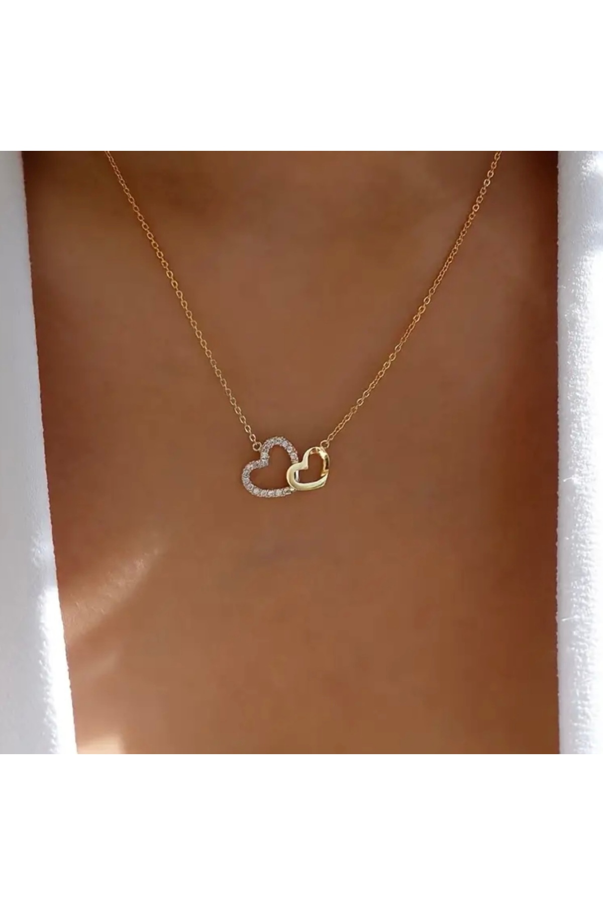 Çift Kalp Tasarımlı Zarif Paslanmaz Çelik Kolye - Altın Renk