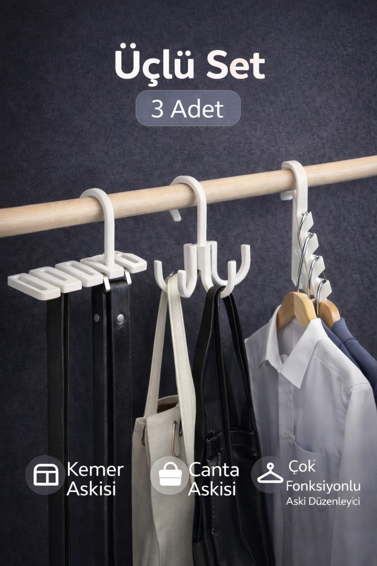 3’lü Askı Seti – Kemer Askısı, Çanta Askısı ve Çok Fonksiyonlu Dikey Askı Düzenleyici