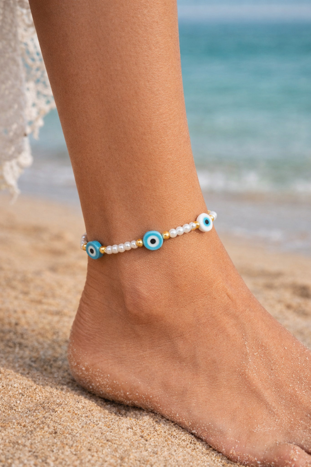 Bohem Nazar Boncuklu Halhal İnci Boncuklu Esnek Lastikli 20 cm Kadın Ayak Bilekliği