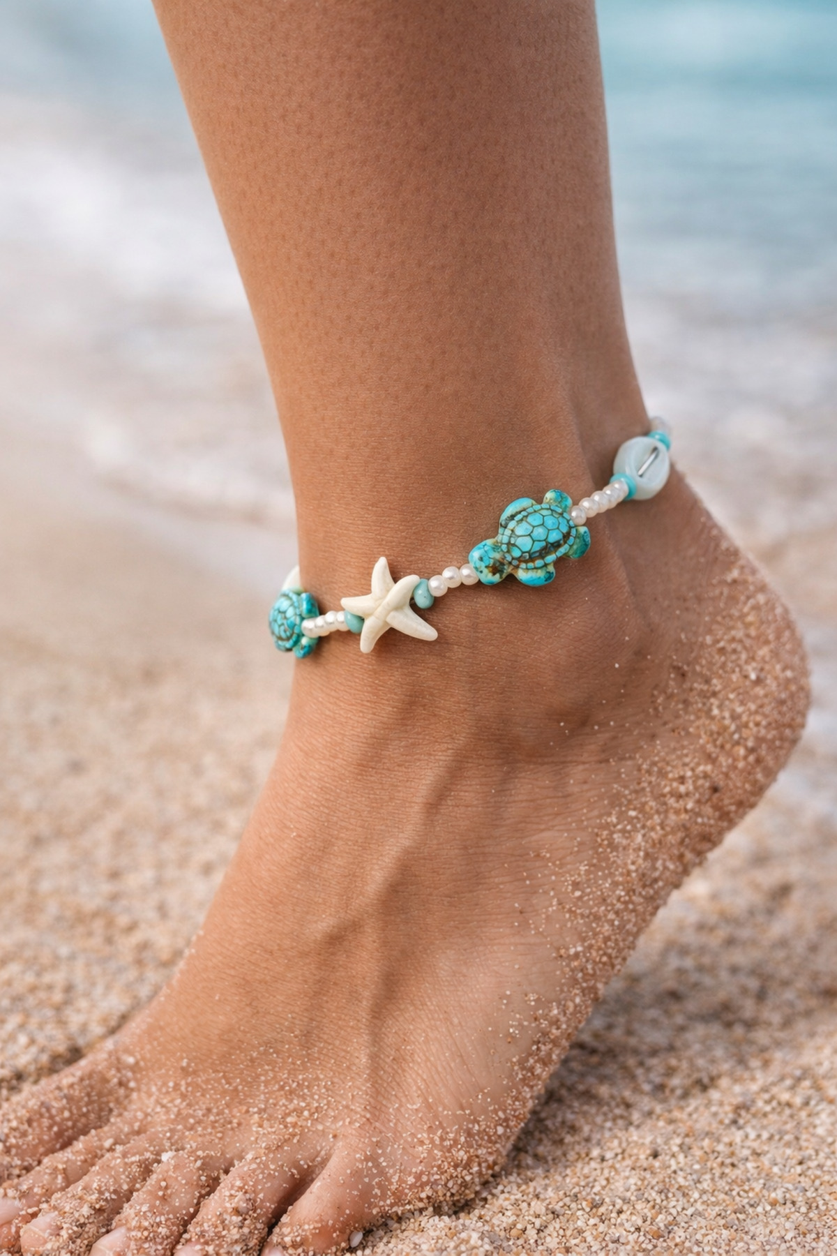 Bohem Deniz Temalı Halhal - Kaplumbağa Deniz Yıldızı Kabuk Detaylı Ayak Bilekliği