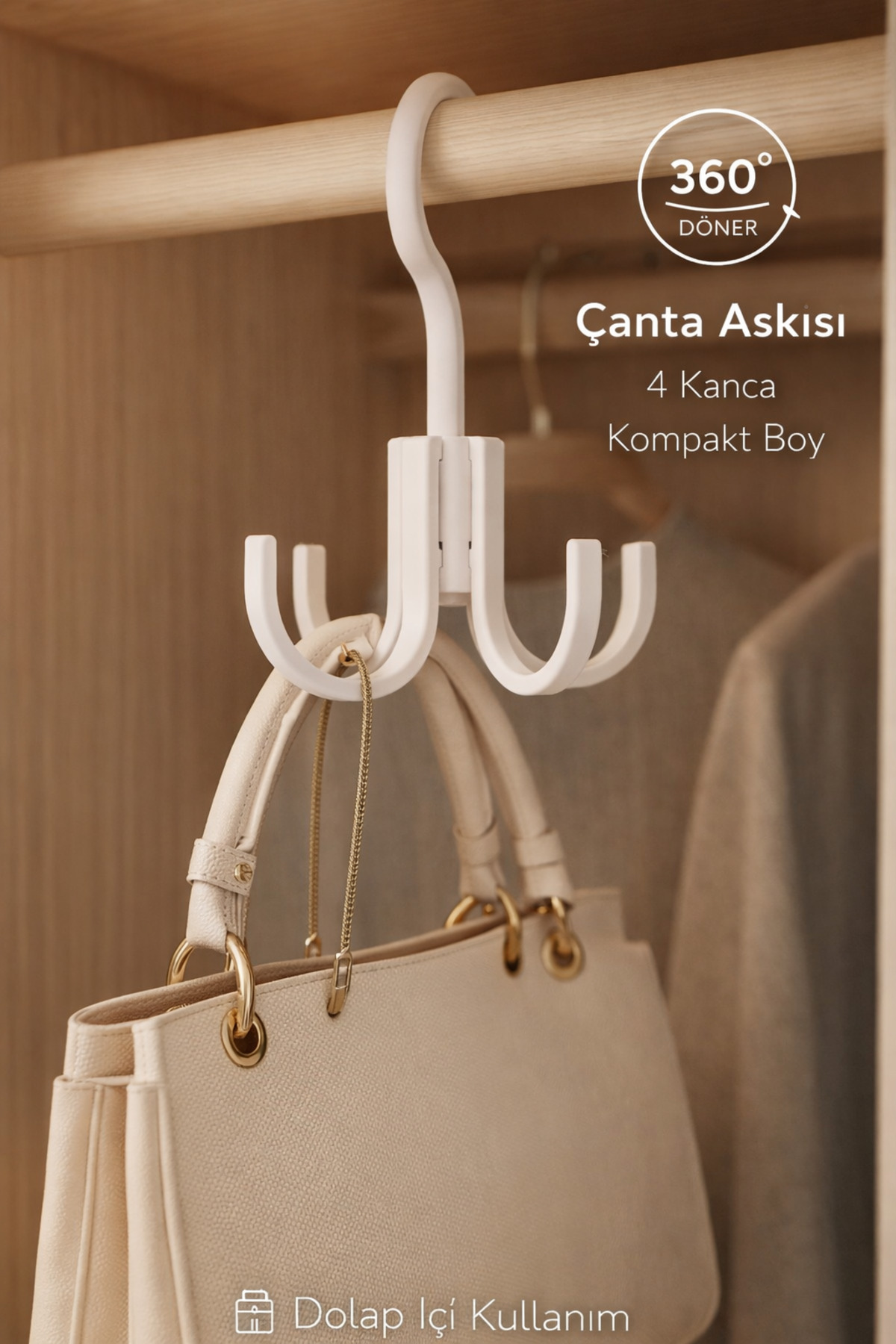 360° Döner Çok Amaçlı Dolap İçi Çanta Askısı – 4 Kancalı Döner Organizer Askı (Beyaz)