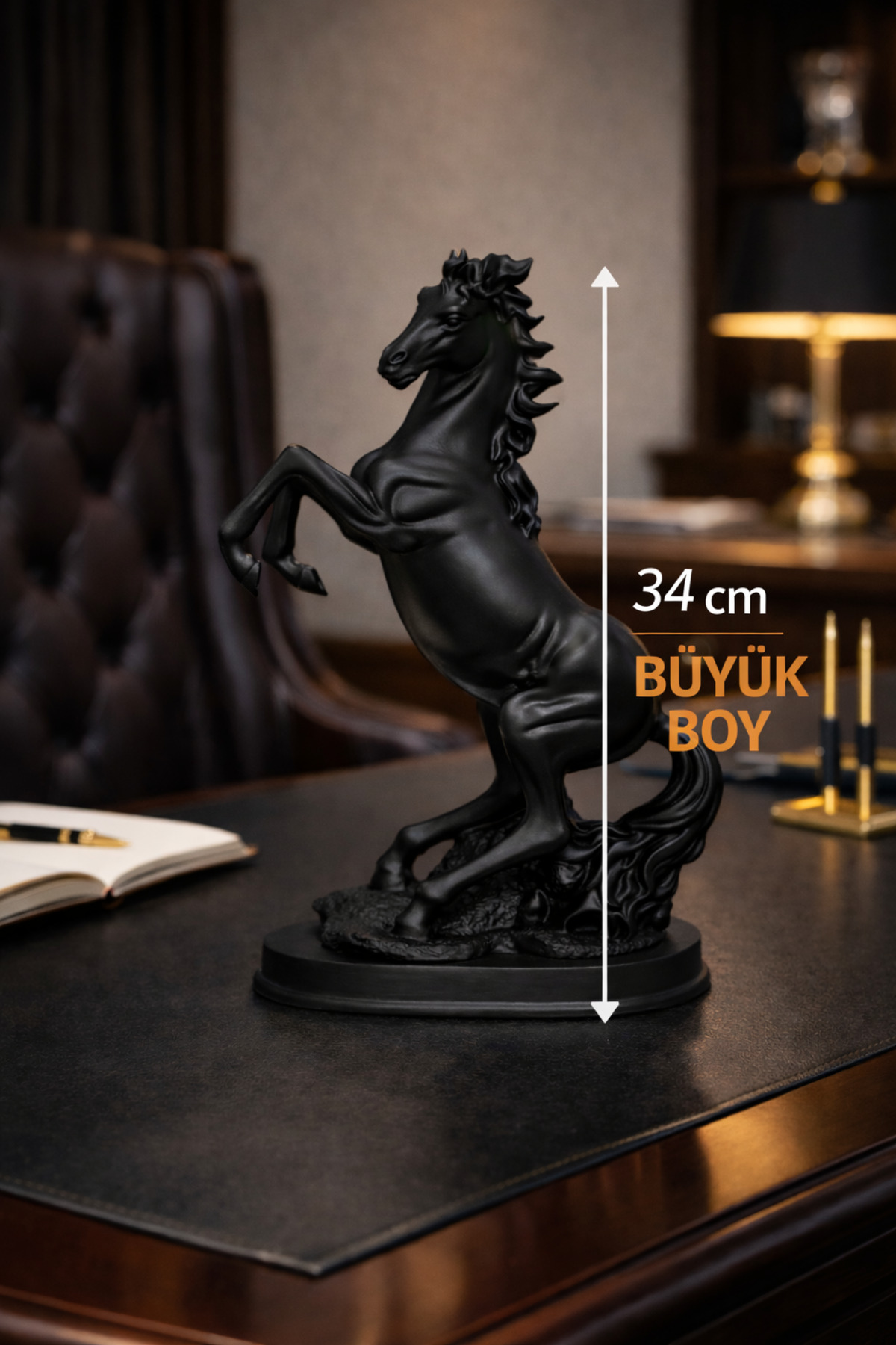 Şaha Kalkmış At Biblosu 34 cm Büyük Boy Tam Siyah Dekoratif Heykel