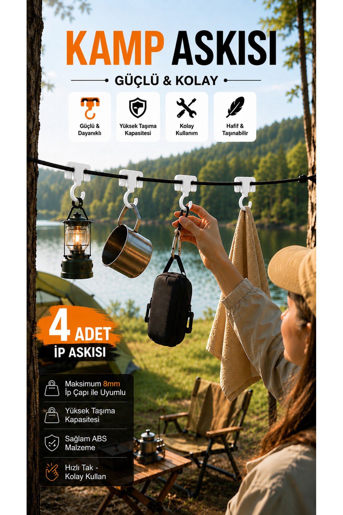 4 Adet Kamp Askısı İp Askısı Kamp Kancası Çamaşır İpi Askısı Kamp Organizer Askısı Çadır Karavan Piknik Askılığı Beyaz