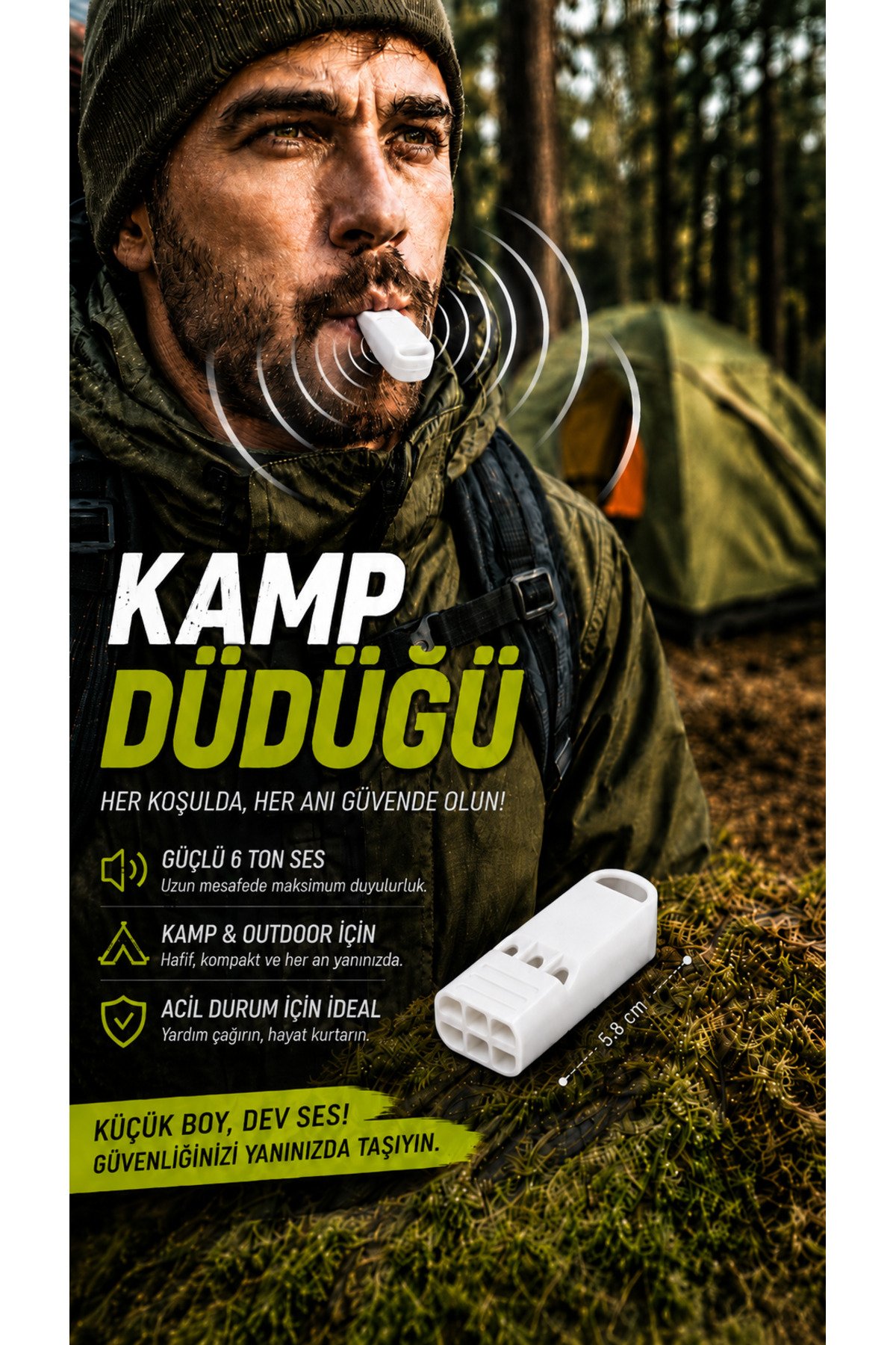 6 Tonlu Yüksek Sesli Kamp Düdüğü 5,8 cm Beyaz Acil Durum Yardım Outdoor Düdüğü