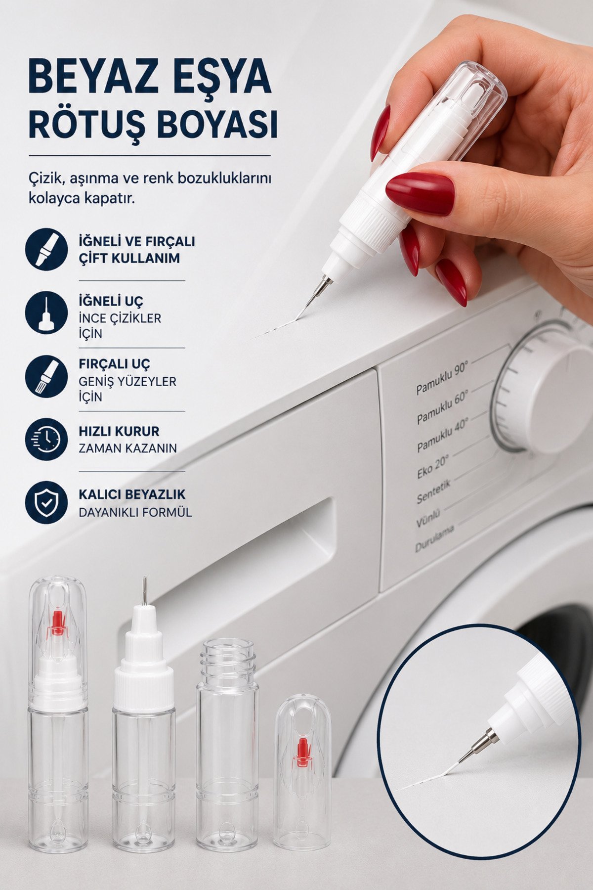 Beyaz Eşya Rötuş Boyası 20 ml - İğneli ve Fırçalı Çift Uçlu Buzdolabı Çamaşır Makinesi Fırın Bulaşık Makinesi Çizik Giderici
