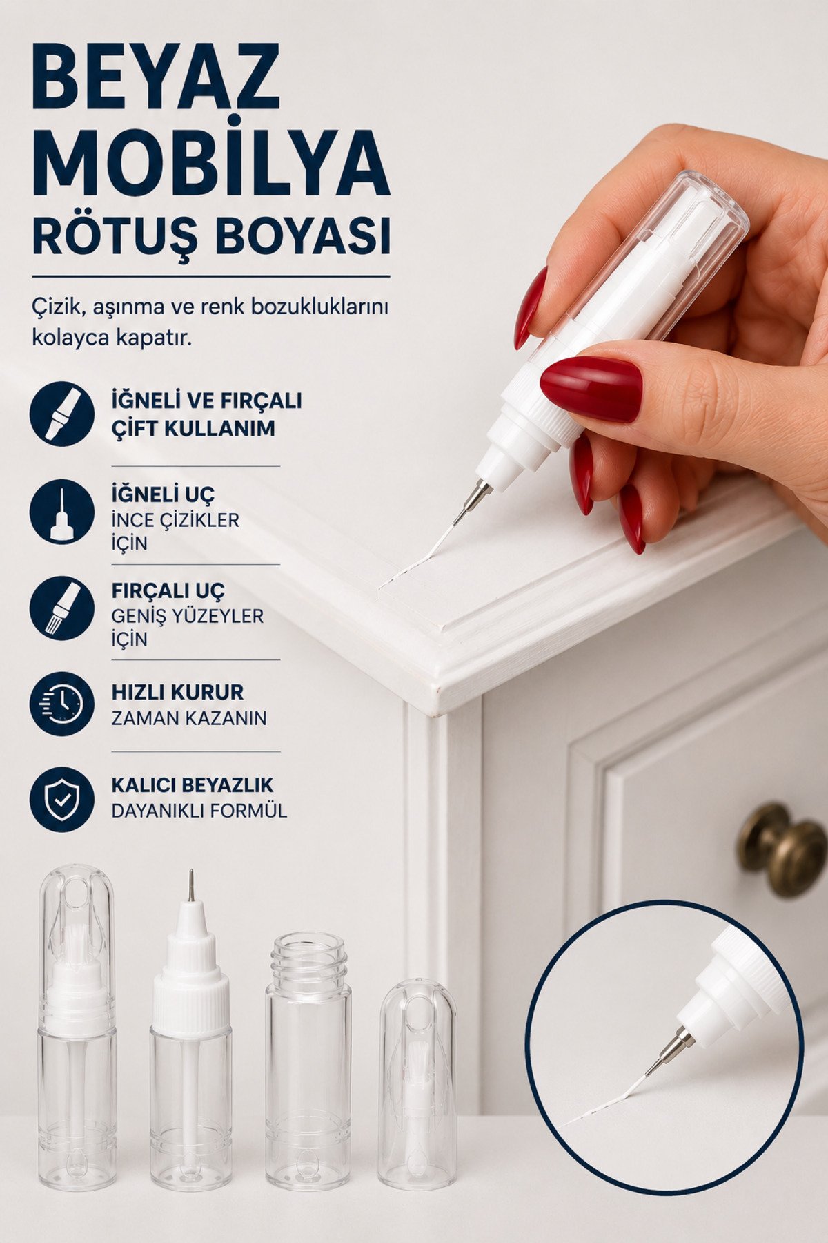 Beyaz Mobilya Rötuş Boyası 20 ml - İğneli ve Fırçalı Çift Uçlu Ahşap MDF Lake Dolap Masa Kapı Çizik Giderici Boya