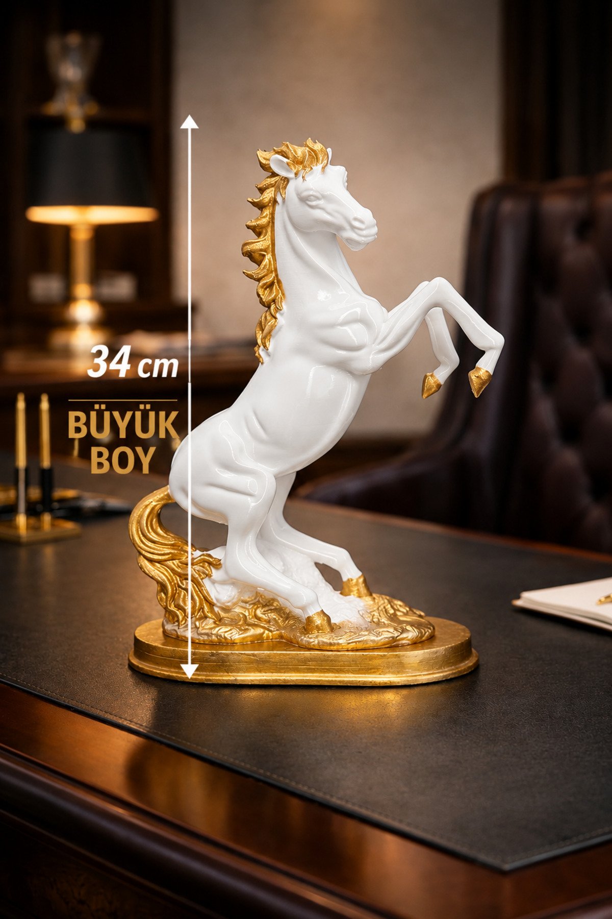 Şaha Kalkmış At Biblosu 34 cm Büyük Boy Beyaz Gold Dekoratif Heykel